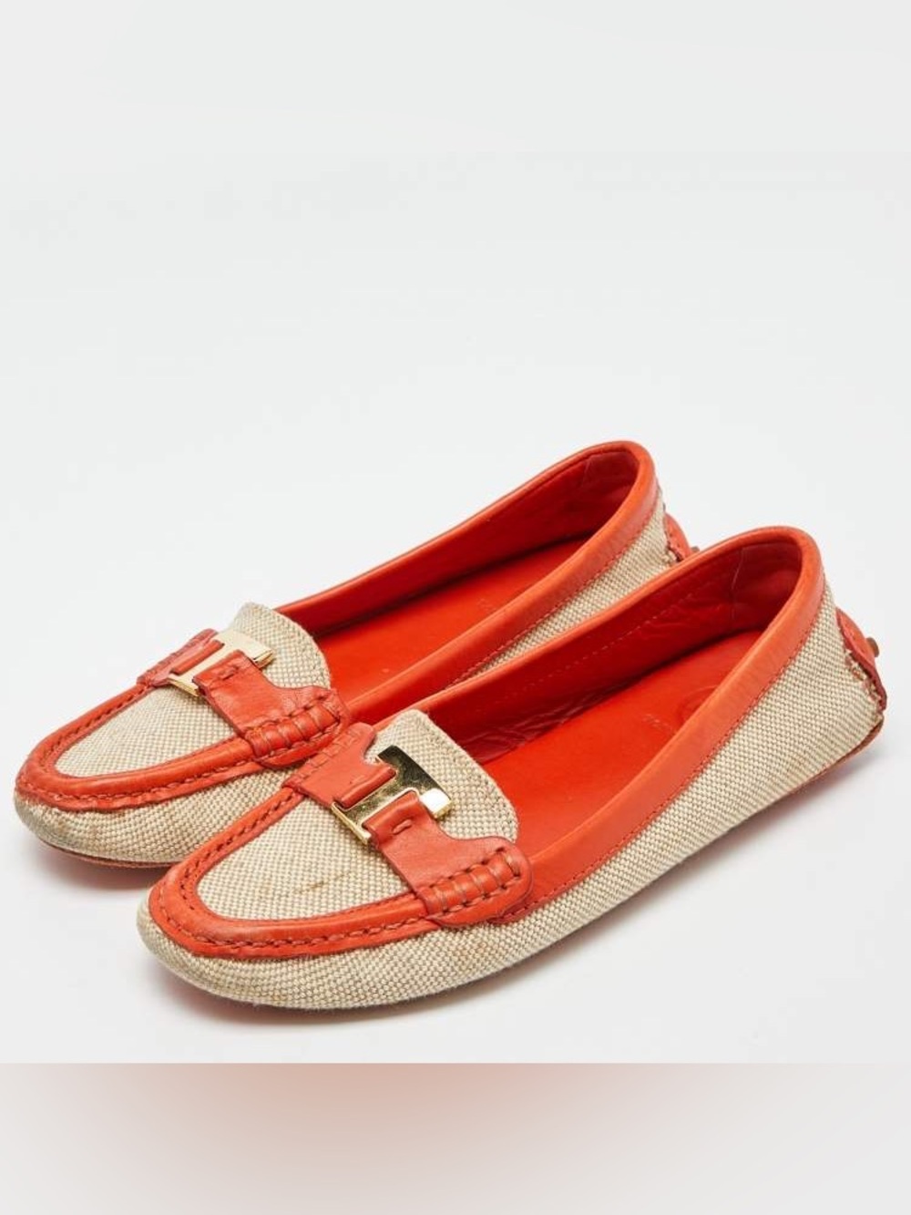 Tory Burch Casey loafers featuring beige canvas with orange leather trim 7.5